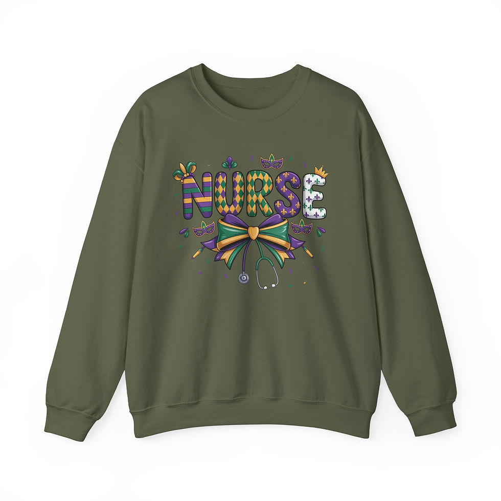 Thumbnail: Mardi Gras Nurse Crewneck Sweatshirt – Festive Stethoscope & Mask Design