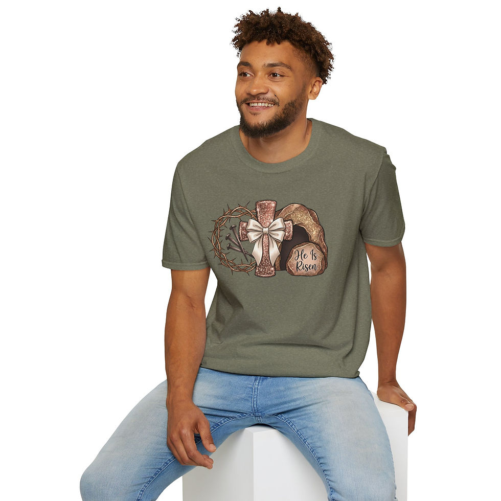 Thumbnail: He Is Risen T-Shirt — Christian Easter Cross & Empty Tomb Design