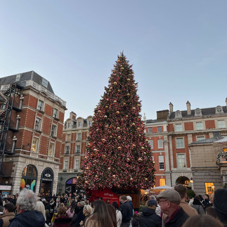 Covent Garden adorned with sparkling Christmas lights and a majestic Christmas tree