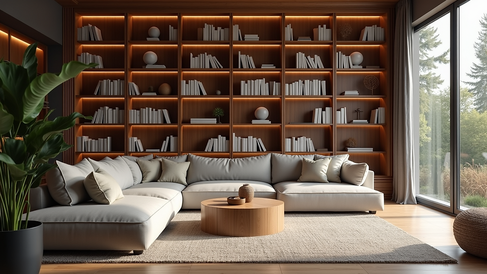 Eye-level view of a beautifully crafted custom bookshelf in a cozy living room