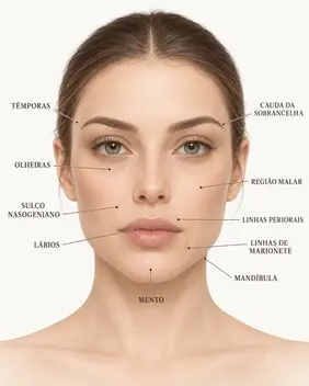 Rosto feminino de frente com dez regiões faciais rotuladas para preenchimento com ácido hialurônico