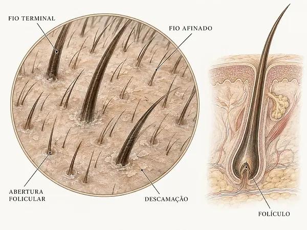 Ilustração do couro cabeludo ampliado, com fios de espessuras diferentes, aberturas foliculares e descamação
