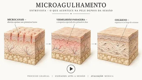 Ilustração em três blocos de pele da resposta ao microagulhamento: microcanais abertos, vermelhidão passageira e colágeno em formação