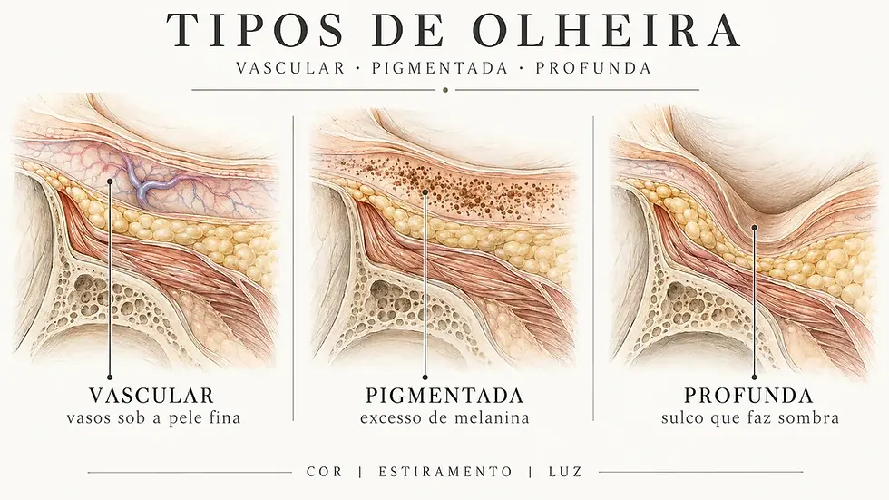 Ilustração em três cortes da pálpebra inferior: vasos sob a pele fina, pigmento na pele e sulco que faz sombra