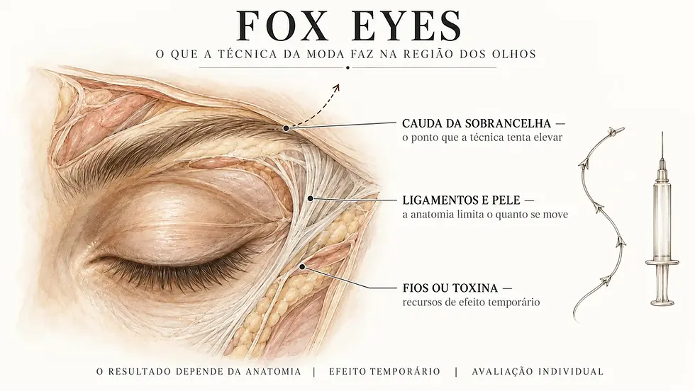 Prancha anatômica da região lateral do olho e da cauda da sobrancelha, com o vetor que a técnica fox eyes tenta obter, sem rosto identificável