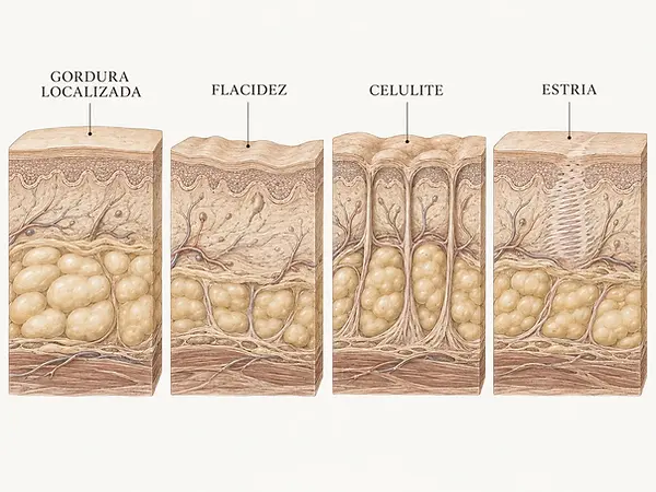 Ilustração em corte da pele comparando gordura localizada, flacidez, celulite e estria