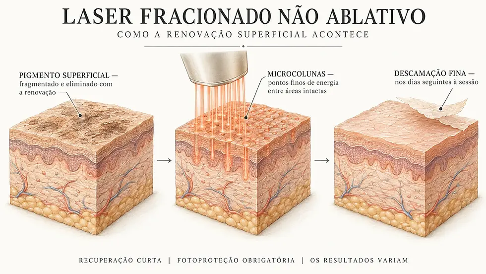Ilustração em três etapas de um bloco de pele recebendo microcolunas de laser fracionado não ablativo e renovando a epiderme com descamação fina