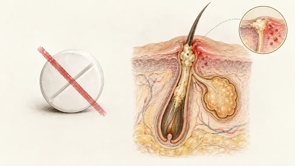 Comprimido de dipirona riscado ao lado de um esquema de folículo com acne inflamada: o analgésico não trata a acne