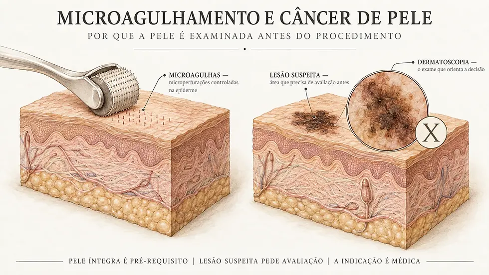 Ilustração comparando pele íntegra sob microagulhamento e pele com lesão suspeita destacada por lupa, explicando por que a avaliação dermatológica antecede o procedimento