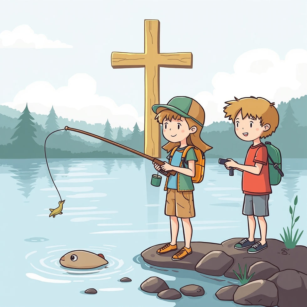 church summer camp clipart of girls and boys having fun fishing, cross in background.jpg