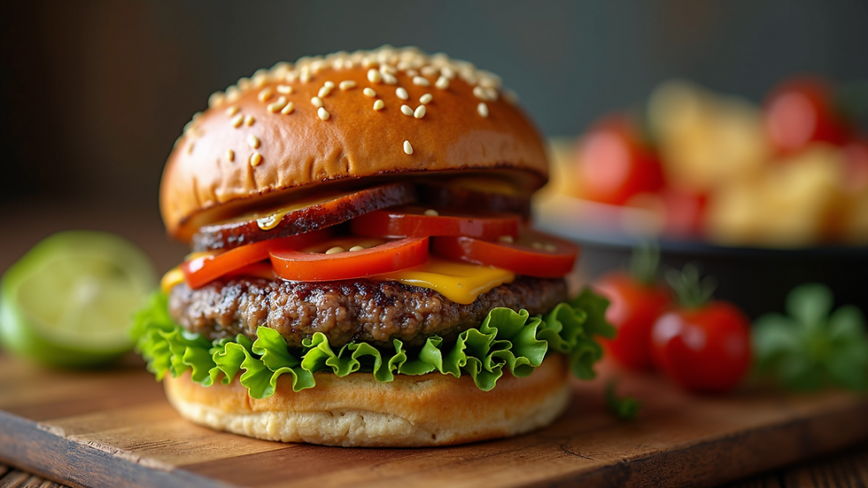 Vista de cerca de una hamburguesa gourmet con ingredientes frescos.