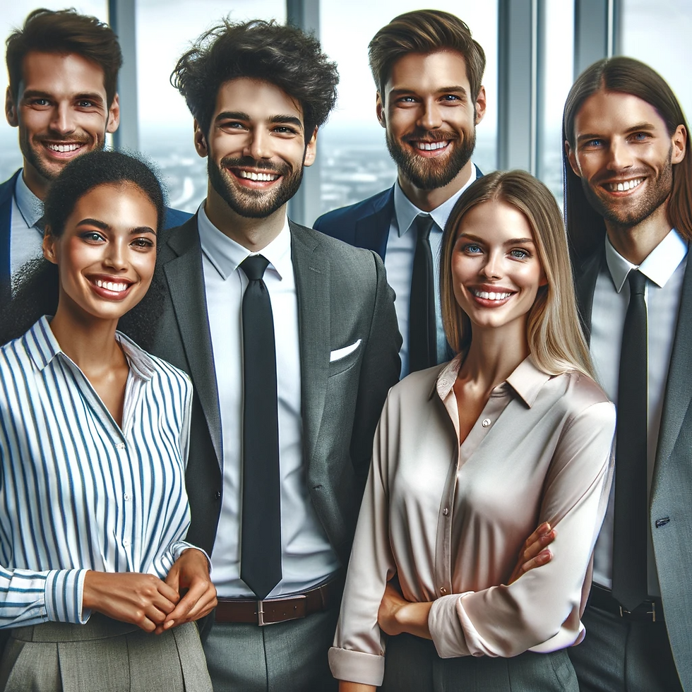 DALL·E 2023-12-07 06.21.13 - A group of six business professionals standing together, smil