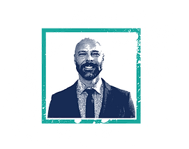 Graphic portrait of Larry M. James, showcasing graphic design skills with a stylized halftone effect and dynamic teal frame.