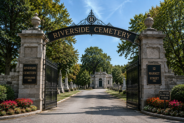 Historic entrance to Riverside Cemetery in Saddle Brook, New Jersey