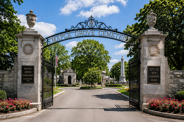 Historic entrance to Maple Grove Cemetery in Kew Gardens, New York