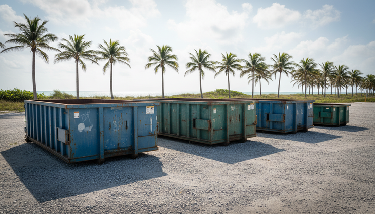 Eye-level view of several empty dumpsters in different sizes lined up on a gravel lot
