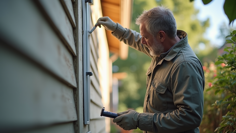 Eye-level view of a certified pest specialist inspecting a home exterior