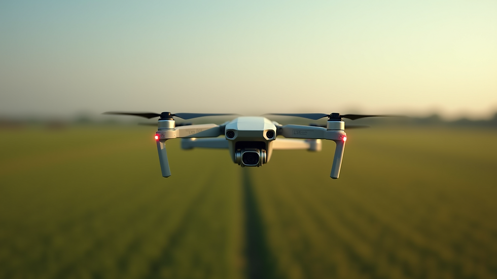 Close-up view of drone flying over a large farmland for crop monitoring
