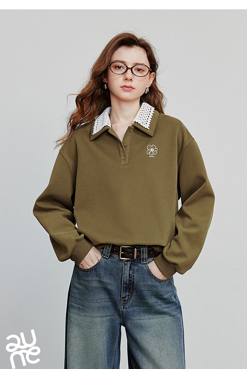 Thumbnail: TOYOUTH Women Sweatshirt 2025 Autumn New Green Velvet Embroidery Contrasting Col