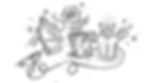 Whimsical drawing: potted flower with an eye, potion bottle, cat with wings, and stars. Black and white line art, abstract details.