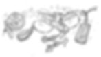 Black and white drawing of various charms: a winged shoe, infinity symbol, handprint, bird image, and beads, floating whimsically.