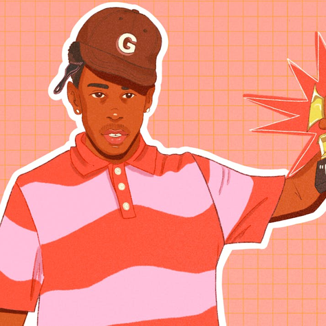 Illustration of Tyler, the Creator holding a Grammy labeled "Urban." Orange grid background, vibrant mood.
