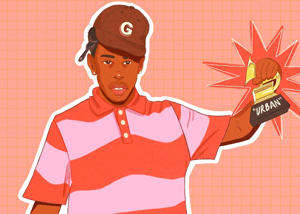 Illustration of Tyler, the Creator holding a Grammy labeled "Urban." Orange grid background, vibrant mood.