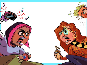 Two cartoon women arguing, one with pink hair holding a phone, the other with red hair holding a plant spilling soil. Both look angry.