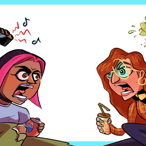 Two cartoon women arguing, one with pink hair holding a phone, the other with red hair holding a plant spilling soil. Both look angry.