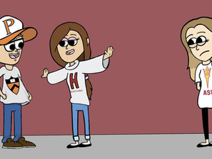 Three cartoon people in college shirts converse; one in Princeton, another in Harvard, and the third, seemingly upset, in ASU.