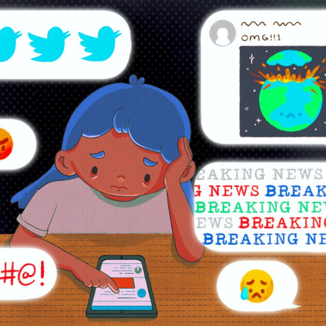 Kid with blue hair looks at tablet, surrounded by social media icons, news alerts, and emojis. Overwhelmed expression in digital scene.
