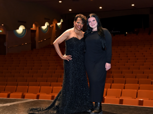 Colleen Jennings-Roggensack (left) wearing the gown designed by Abigail Davis.