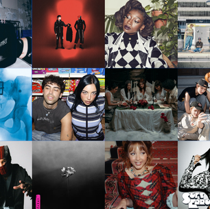 Grid collage of album covers and music artists