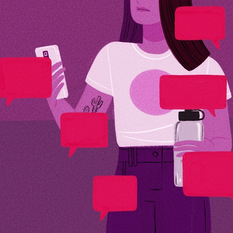 Illustration of a person holding a phone and water bottle, surrounded by red chat bubbles. The purple background sets a contemplative mood.