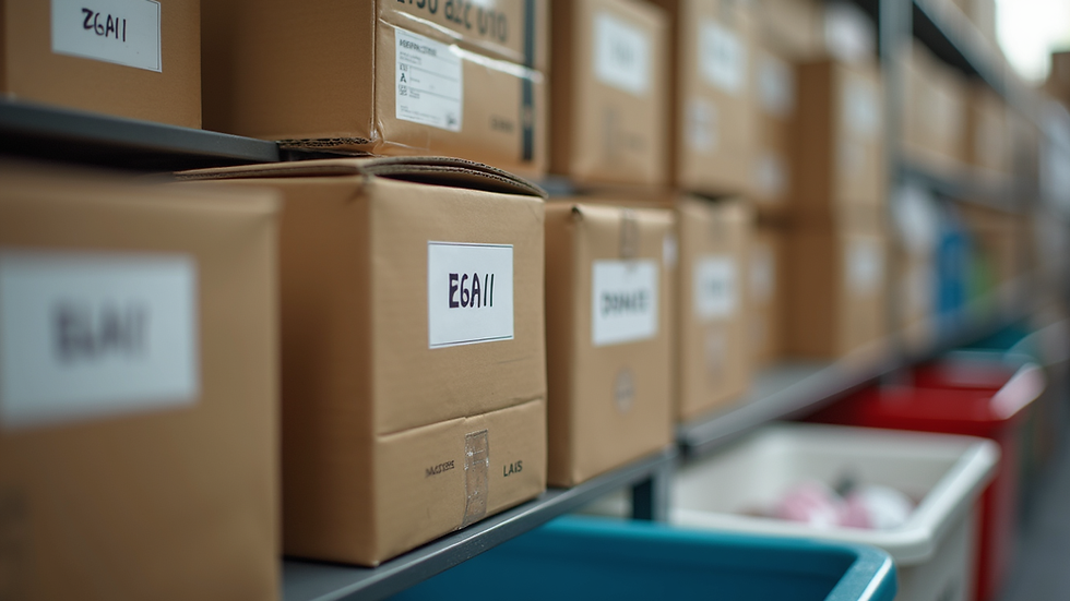 Close-up view of labeled boxes and sorting bins ready for donation and sale