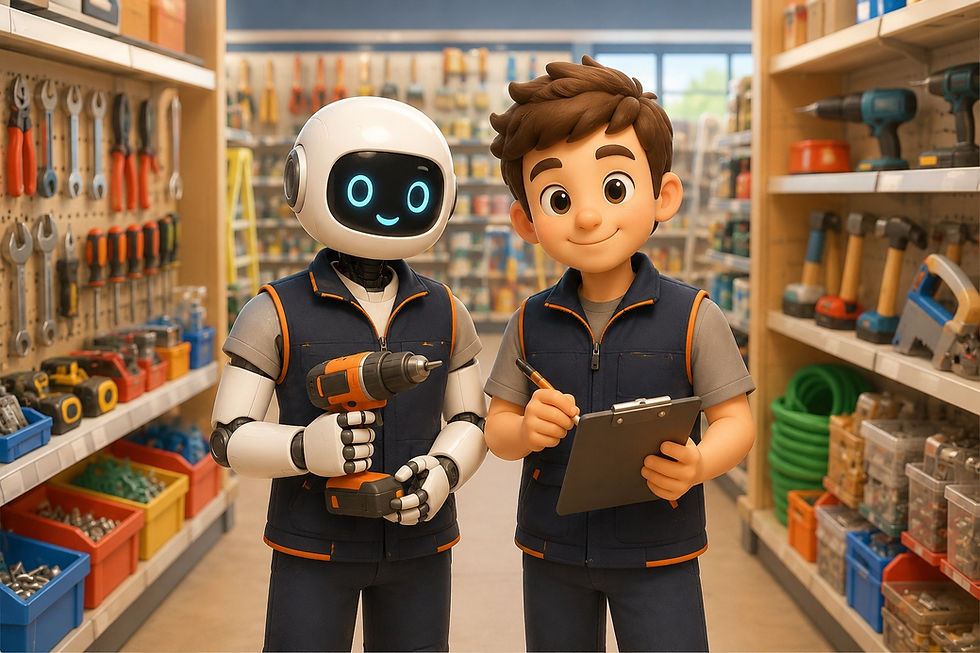 man and robot clerk