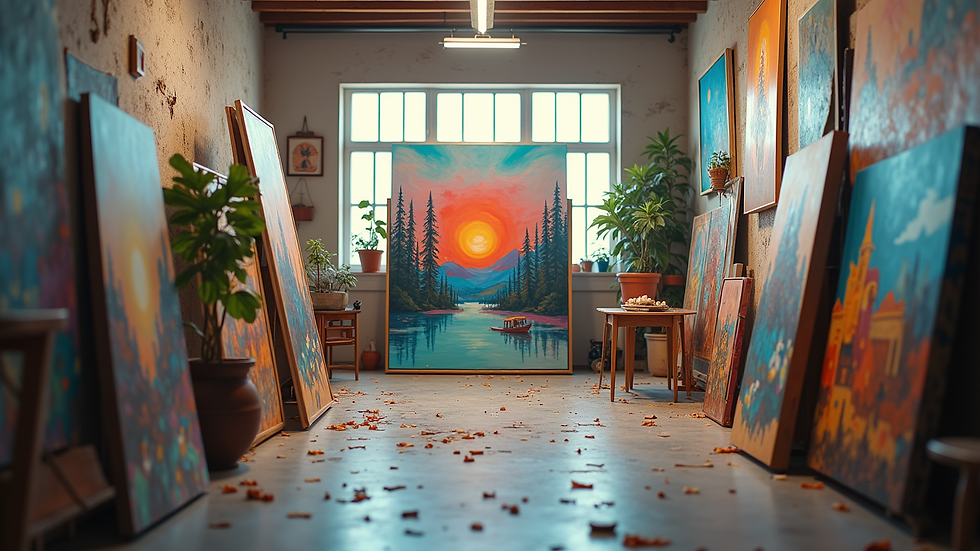 Eye-level view of a vibrant art studio filled with colorful paintings