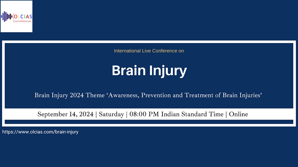 Banner for the International Live Conference on Brain Injury 2024, featuring event details including date, time, speakers, and topics on neurosurgery, traumatic brain injuries, and psychiatric disorders. The event will be held online on September 14, 2024, with free live streaming on LinkedIn and recordings available on YouTube.
