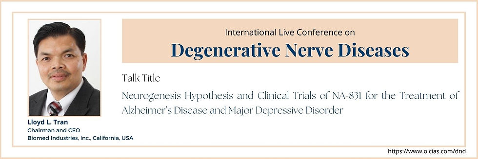 Conference flyer for the International Live Conference on Degenerative Nerve Diseases featuring details of Dr. Lloyd Tran's NA-831 trials.