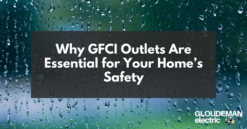 Rainy image with black box on top and text "Why GFCI Outlets Are Essential for Your Home's Safety"