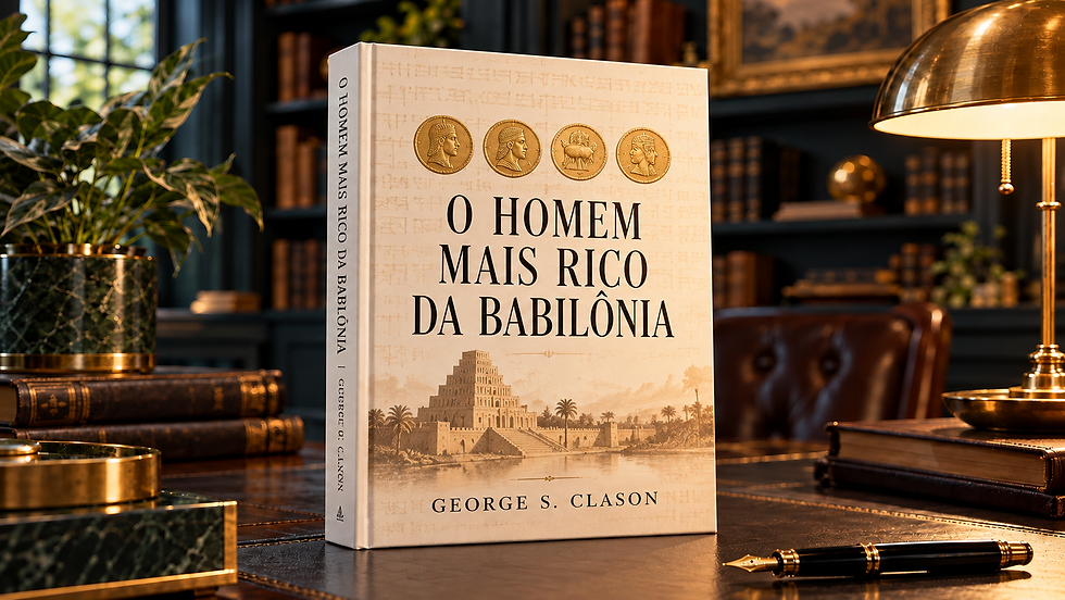 Mockup editorial de O Homem Mais Rico da Babilônia, de George S. Clason, com capa bege e ilustração da Babilônia