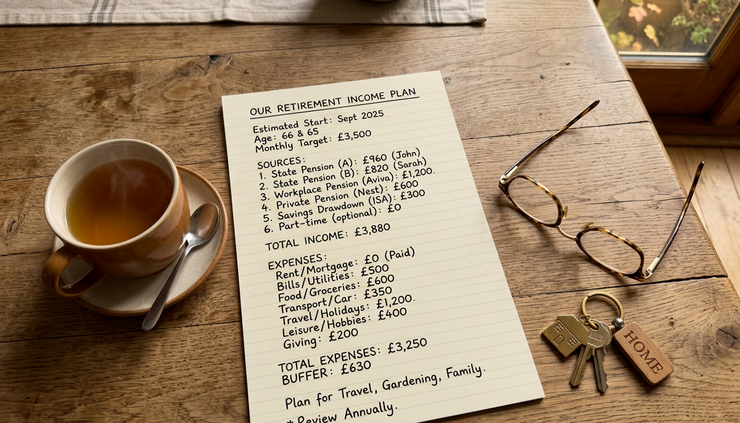 Overhead view of a handwritten retirement income plan beside a cup of tea and house keys.