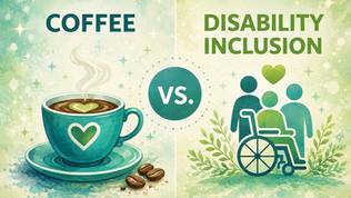 Split graphic comparing Coffee and Disability Inclusion using Coffee, Kindness, & Inclusion brand colors. The left side features a steaming aqua coffee cup with a heart design and coffee beans beneath the heading “Coffee.” The right side features a group of people, including a wheelchair user, beneath the heading “Disability Inclusion.” A teal circle with “VS.” sits in the center, highlighting the connection between meaningful conversations and creating inclusive workplaces.