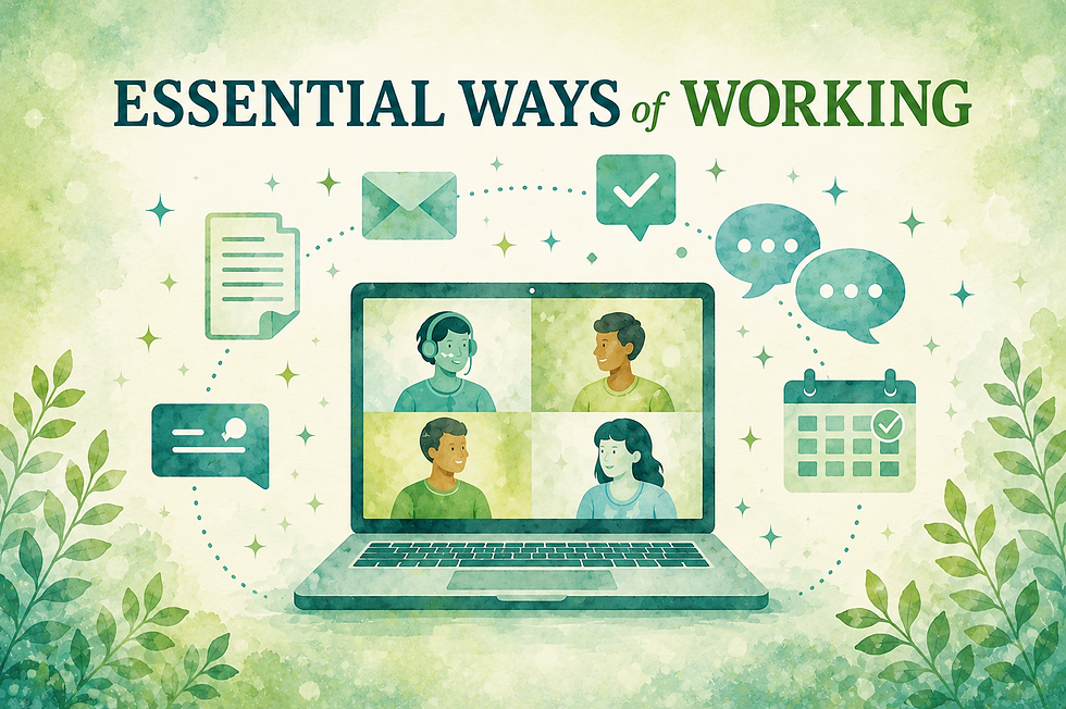 Illustration of remote work tools and a video call under the title “Essential Ways of Working”.