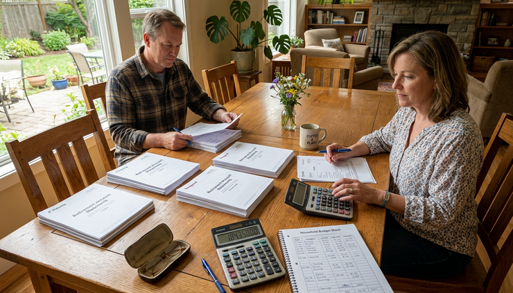 Wide-angle view of a home dining table with retirement statements arranged in neat stacks.