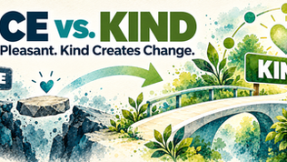 Watercolor-style graphic in teal, navy, green, and cream. The text reads, “Nice vs. Kind: Nice Is Pleasant. Kind Creates Change.” A single stepping stone beneath a “Nice” sign represents temporary help, while a sturdy bridge leading to a “Kind” sign represents lasting barrier removal and meaningful inclusion. A heart, growing leaves, and teal coffee cup reinforce connection, growth, and kindness.