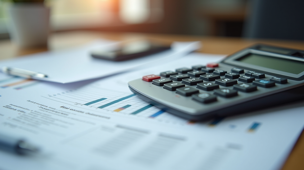 Close-up view of a calculator and financial documents on a desk