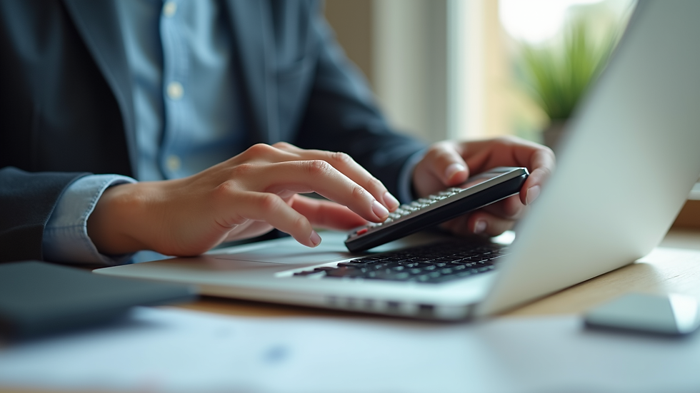 Eye-level view of a person using a calculator and laptop for financial planning