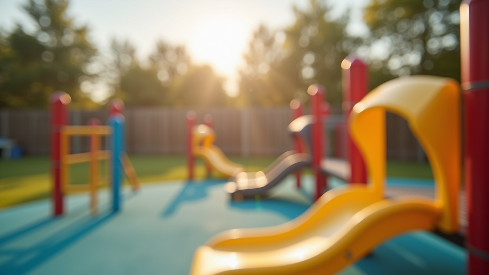 High angle view of a bright outdoor playground with toddler play equipment