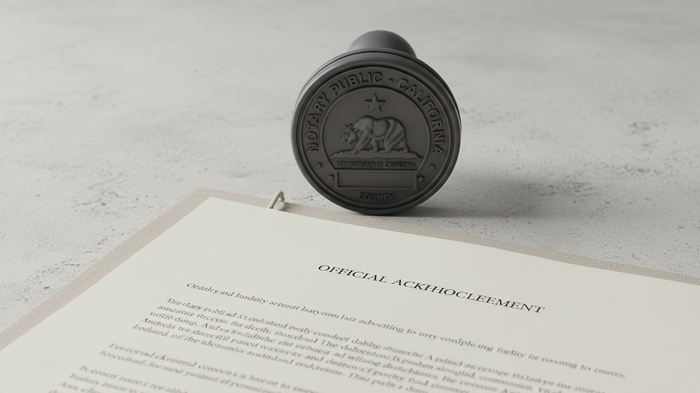 Close-up view of a California notary stamp and official documents